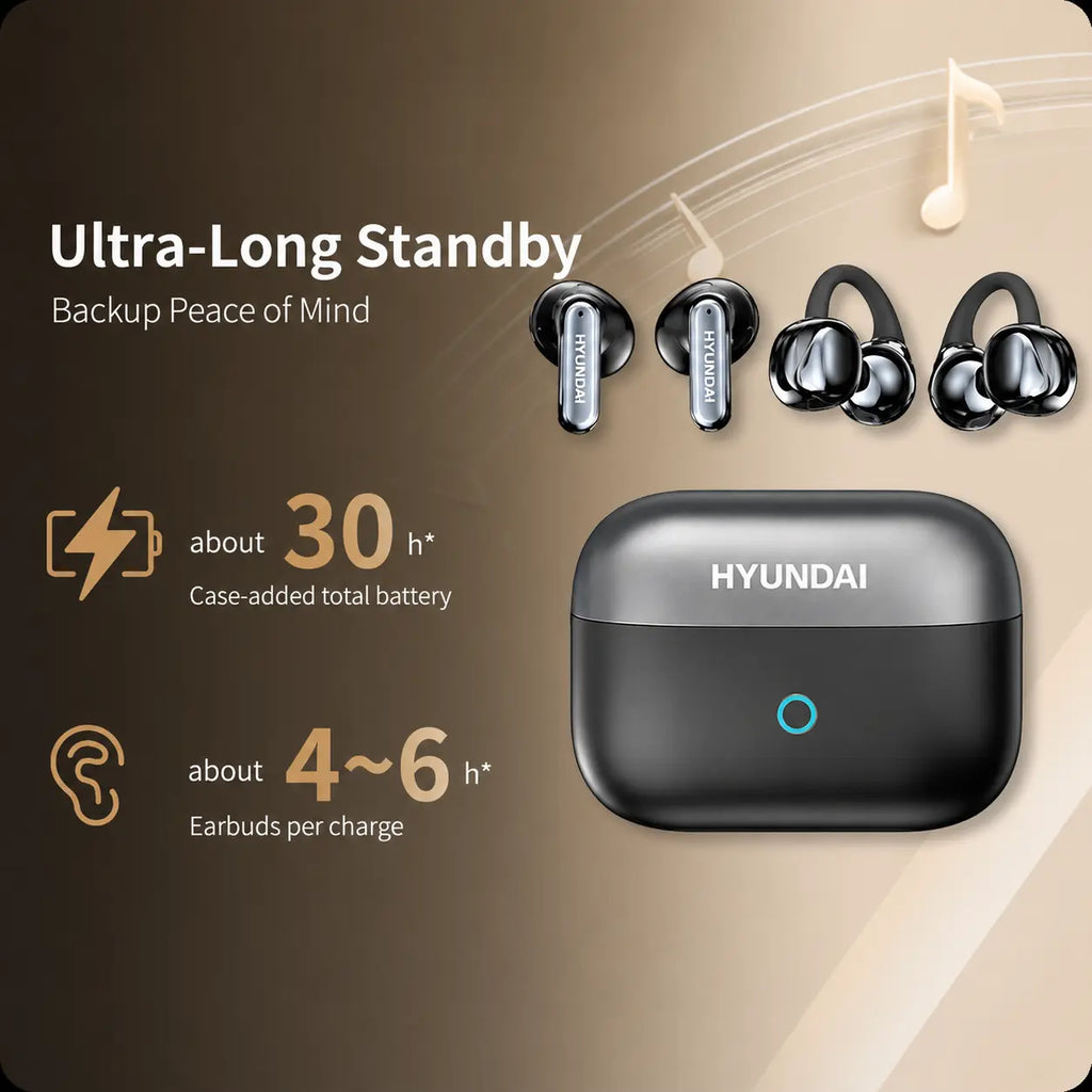 HYUNDAI G46 Dual Earbuds 2-In-1 Wireless Headphones, One Charging Case with In-Ear & Clip-On Earbuds, Perfect for Couples, Long Battery Life, Bluetooth 6.0, Comfortable Fit, HD Stereo Sound for Music & Calls, Compatible with Android & Ios