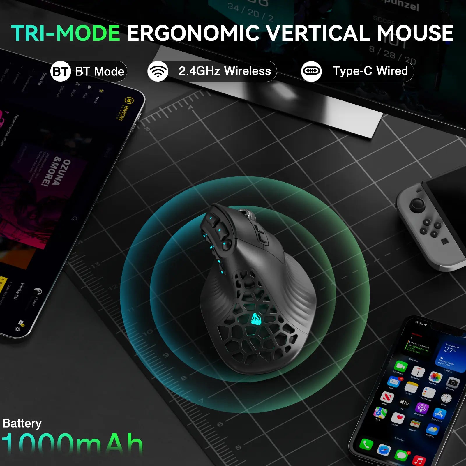 SOLAKAKA E9 Ergonomic Vertical MMO Gaming Mouse PAW3311 24800 DPI Tri-Mode Ergonomic Wireless with 10 Side Buttons PAW3311 RGB for PC Mac Ergonomic Budget Bluetooth Vertical Mouse Home Office Desk Accessory