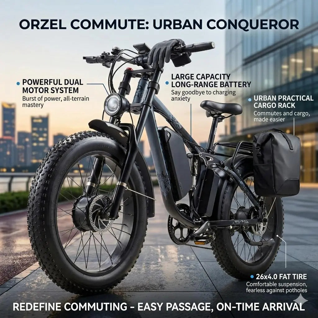 Orzel K17 Electric Bike for Adults with 2000W Peak Dual Motor, 48V 25Ah (1000Wh) Battery Electric Bike,Maximum Load（150Kg） 26'' X 4'' Fat Tire Ebike, 30+MPH Speed, Cruise Control, with Fenders, Rear Rack
