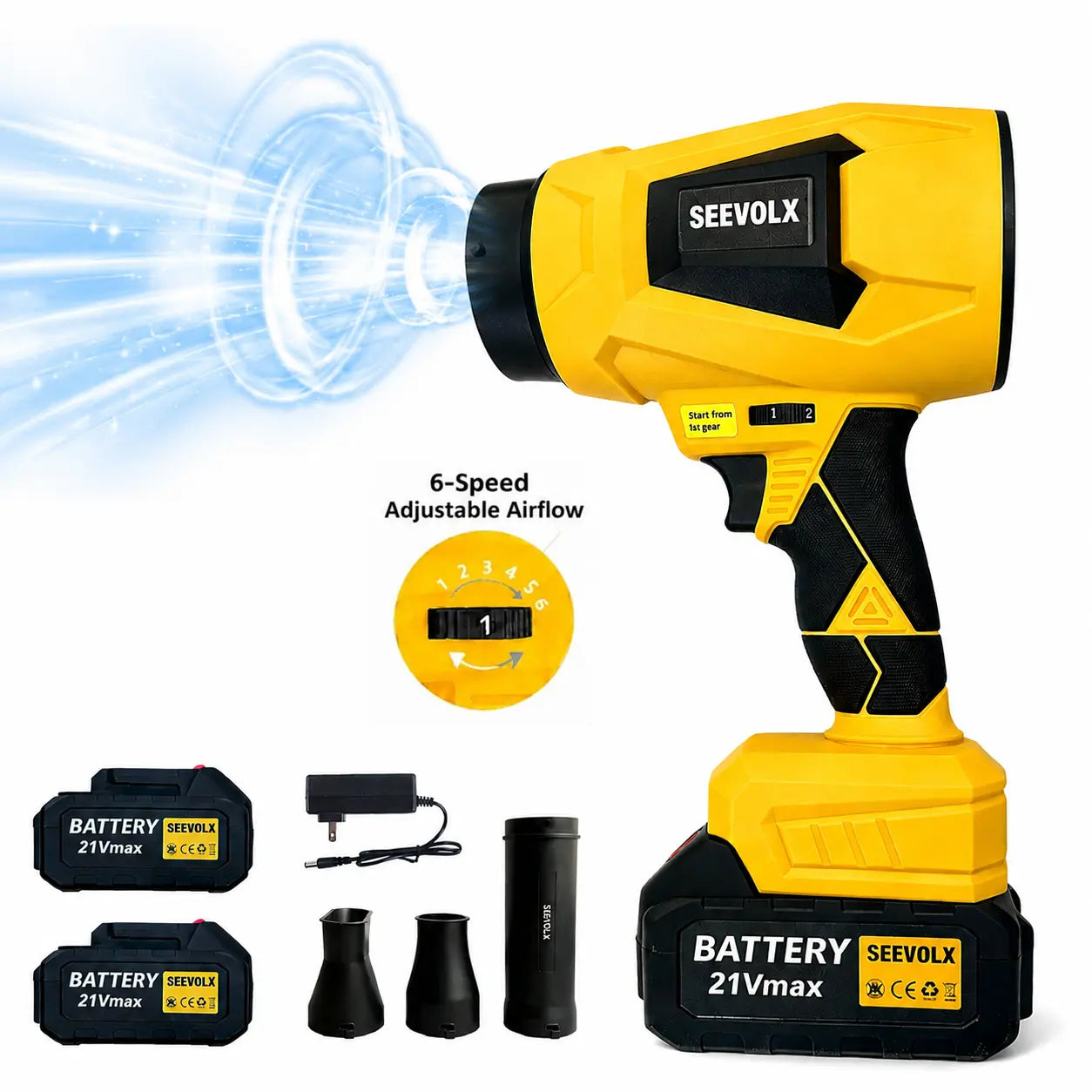 【Dealsforyoudays】Seevolx 2-In-1 Cordless Blower & Vacuum Kit - Handheld 21V Dual Batteries, 6 Adjustable Speeds, Digital Battery Display, Suction/Blower Nozzles, Filter, Charger - Ideal for Car, Home Cleaning, Practical Gifts