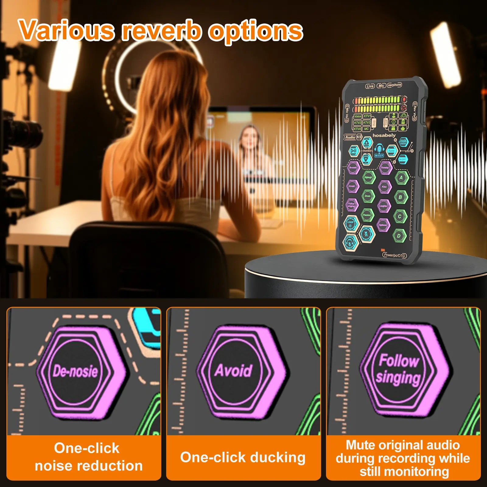 Hosabely SK9 PRO Portable Digital Voice with AI Noise Reduction, 4 Custom Sound Effects, One-Click Mute, AI Follow-Sing, Compatible with Iphone, Android, PC, PS5 for Streaming, Podcast, Gaming Audio Mic Summerwins