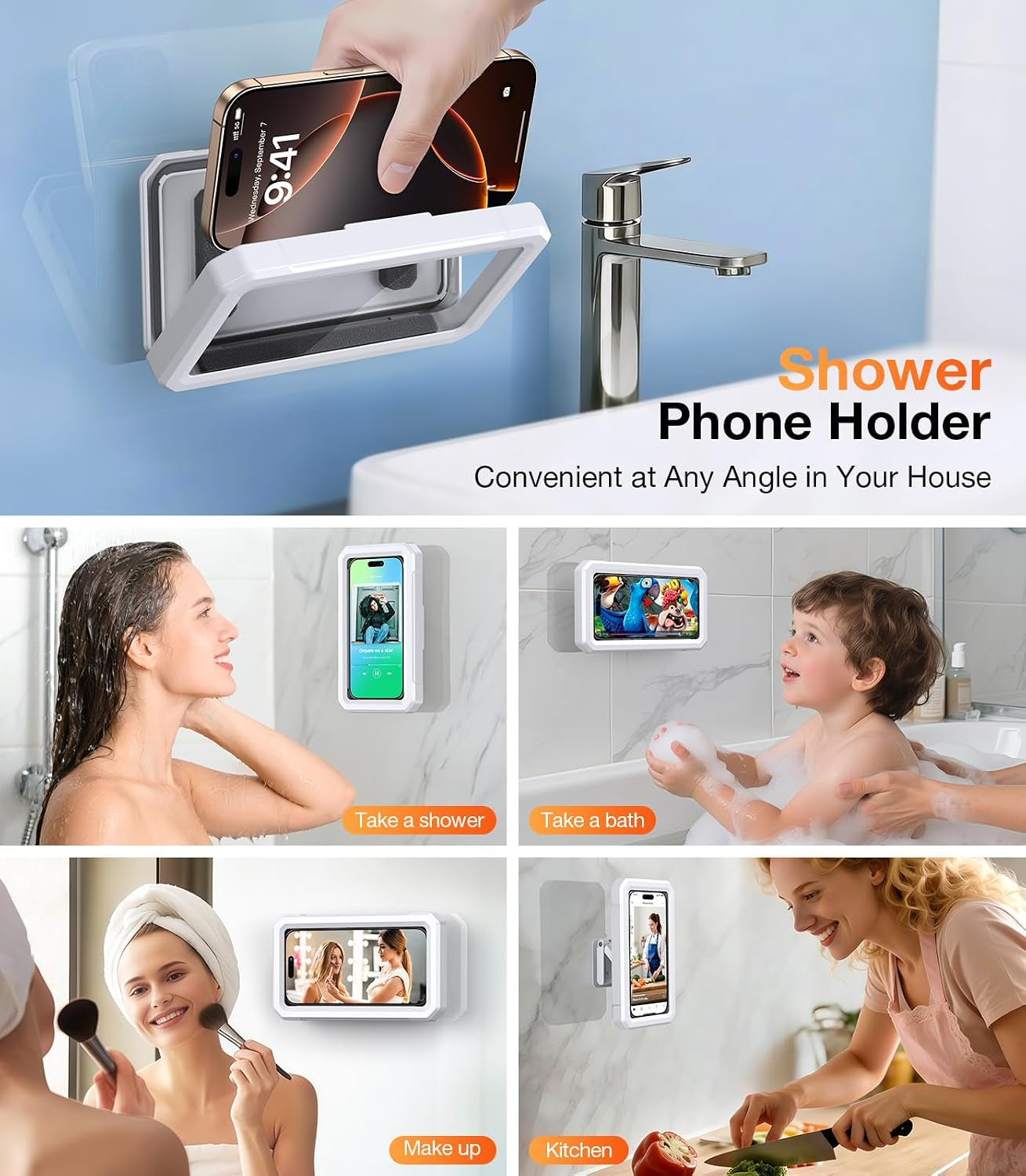 Shower Phone Holder Waterproof Phone Holder for Shower Wall Waterproof【Anti-Fog】480°Adjustable Retractable Bathroom Phone Holder Mount Stand Water Proof Shower Case for Iphone 4-7" Cellphones