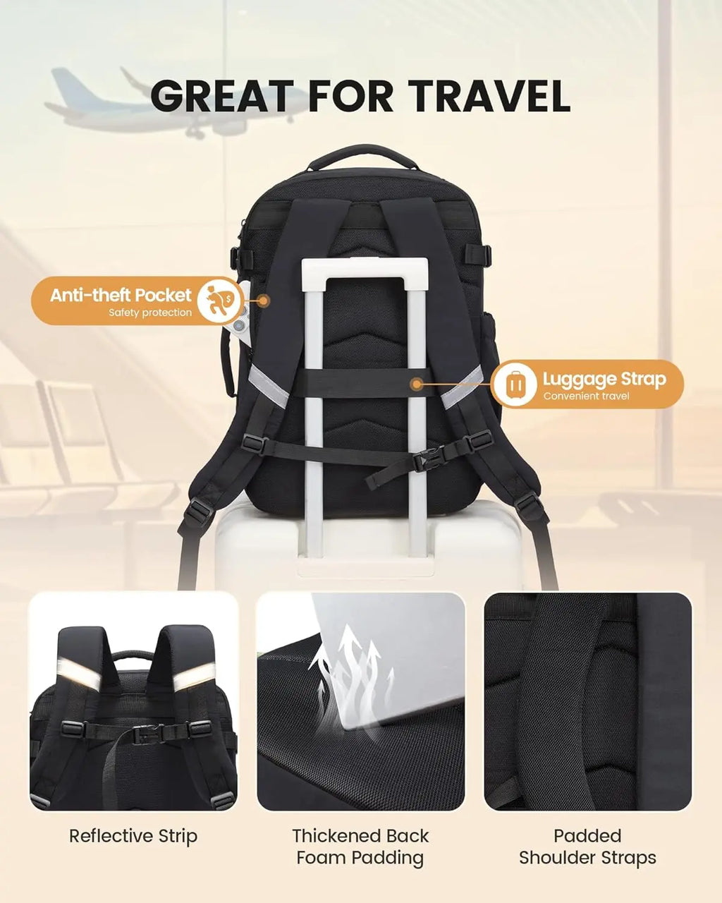 LOVEVOOK 40L Travel Backpack for Men Women, Waterproof Carry on Backpack for Work & Travel, Flight Approved Personal Item with 3 Packing Cubes, TSA Bag Fits 17.3" Laptop,Black
