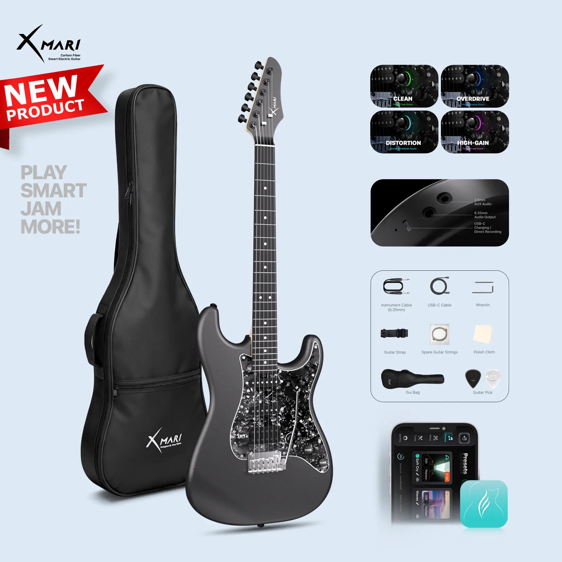 【Zero-Gear Rocker】Xmari Smart Electric Guitar with Built-In DSP Effects, 4 Presets, USB-C OTG Recording, Headphone Output, Alnico Pickups W/Coil Split, Carbon Fiber Body, Gig Bag, Strap, Cable & Picks 24-Hour Shipping 2-Year Warrant Dealsforyoudays