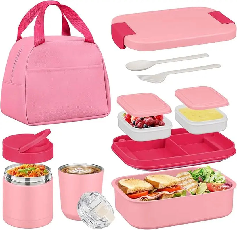 [Summerwins] Bento Lunch Box Set with 10.5Oz Soup Thermo Food Jar for Adults Kids, Stainless Steel Leak-Proof Lunch Container with 4 Compartment, Coffee Tumbler with Lunch Bag for School Travel Office-Grey