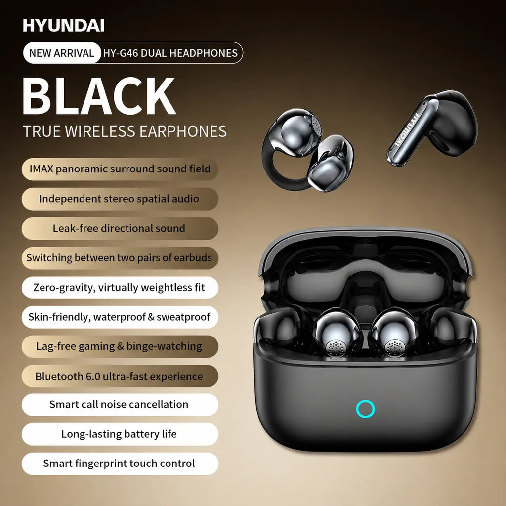 HYUNDAI G46 Dual Earbuds 2-In-1 Wireless Headphones, One Charging Case with In-Ear & Clip-On Earbuds, Perfect for Couples, Long Battery Life, Bluetooth 6.0, Comfortable Fit, HD Stereo Sound for Music & Calls, Compatible with Android & Ios