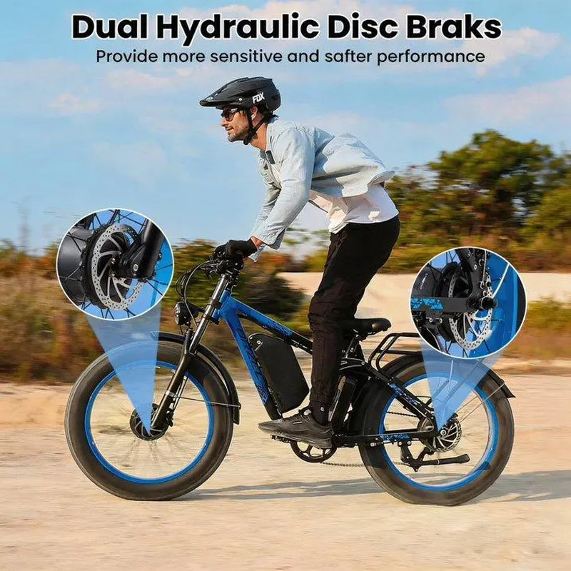 Orzel K17 Electric Bike for Adults with 2000W Peak Dual Motor, 48V 25Ah (1000Wh) Battery Electric Bike,Maximum Load（150Kg） 26'' X 4'' Fat Tire Ebike, 30+MPH Speed, Cruise Control, with Fenders, Rear Rack