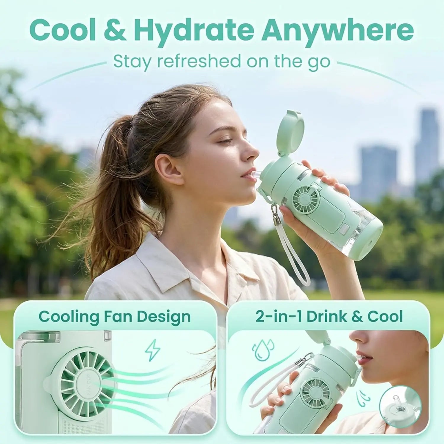 2-In-1 Water Bottle with Built-In Foldable Fan, Portable Dual-Drinking Cooling Water Bottle with Fan 3 Speeds USB, 3 Speeds Adjustable for Outdoors Sports