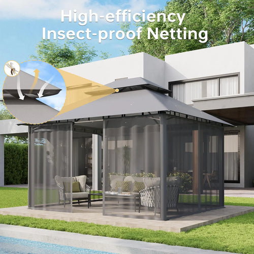 10X12 FT Aoxun Outdoor Gazebo, Heavy Duty Metal Frame Double Roof Canopy Tent with Mosquito Netting , Patio Backyard Lawn Garden Deck Party Shelter, Khaki,Summerwins,Outdoorfurnitureset