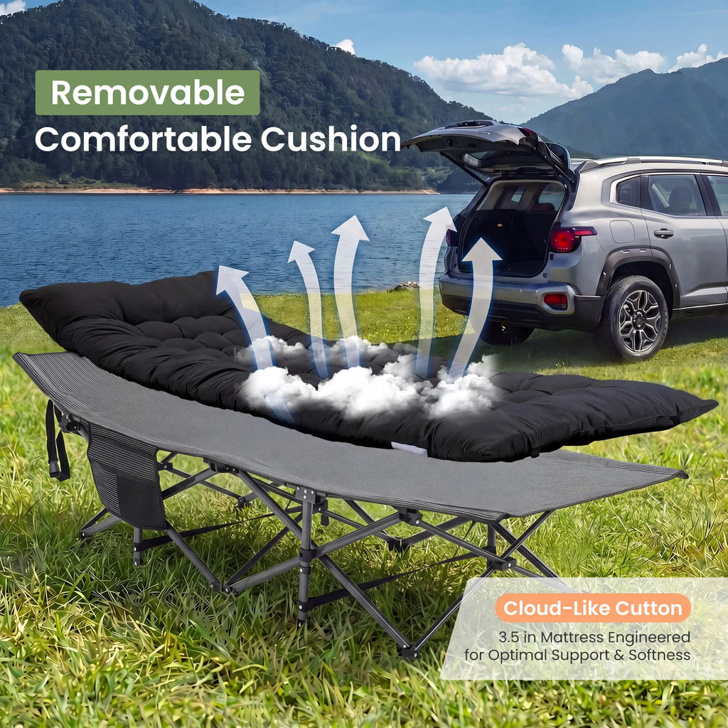 DUMOS Heavy-Duty Metal Camping Cot for Adults, Extra Wide & Long Folding Portable Bed with Removable Padded Mattress and Carry Bag for Travel & Home
