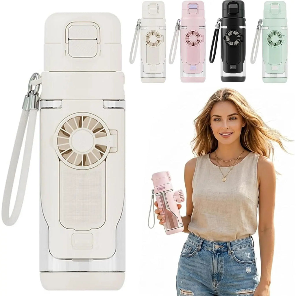 2-In-1 Water Bottle with Built-In Foldable Fan, Portable Dual-Drinking Cooling Water Bottle with Fan 3 Speeds USB, 3 Speeds Adjustable for Outdoors Sports