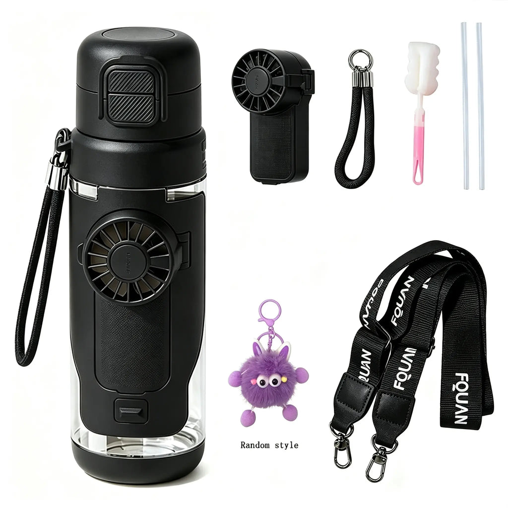 2-In-1 Water Bottle with Built-In Foldable Fan, Portable Dual-Drinking Cooling Water Bottle with Fan 3 Speeds USB, 3 Speeds Adjustable for Outdoors Sports