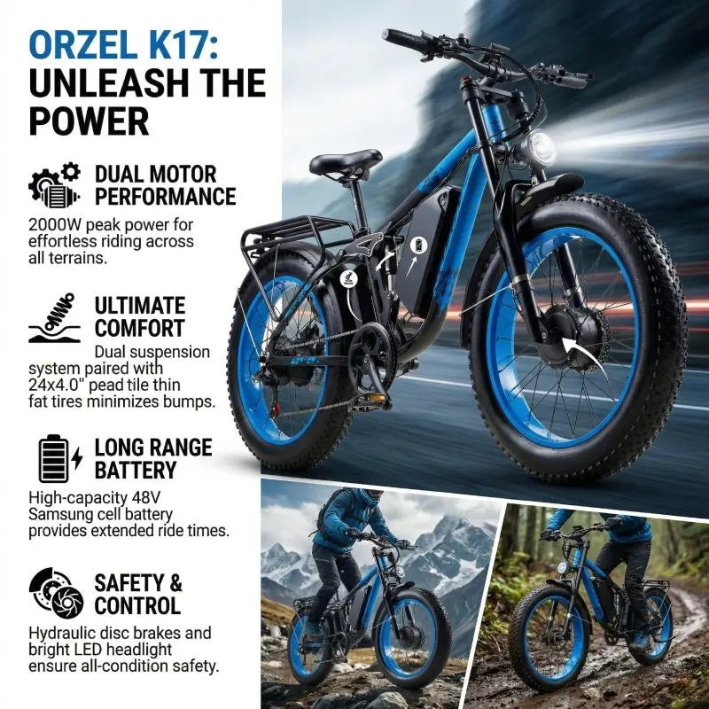 Orzel K17 Electric Bike for Adults with 2000W Peak Dual Motor, 48V 25Ah (1000Wh) Battery Electric Bike,Maximum Load（150Kg） 26'' X 4'' Fat Tire Ebike, 30+MPH Speed, Cruise Control, with Fenders, Rear Rack