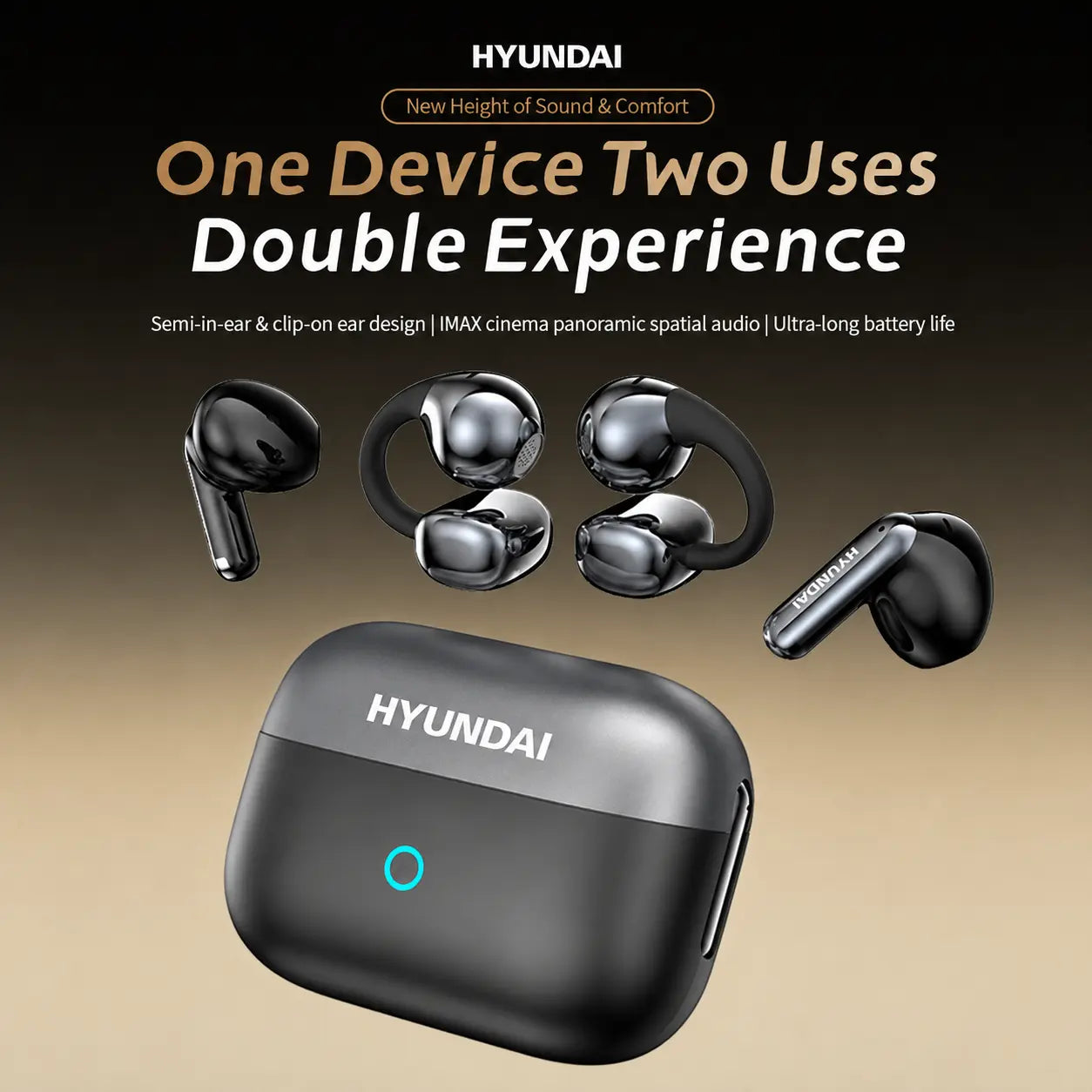 HYUNDAI G46 Dual Earbuds 2-In-1 Wireless Headphones, One Charging Case with In-Ear & Clip-On Earbuds, Perfect for Couples, Long Battery Life, Bluetooth 6.0, Comfortable Fit, HD Stereo Sound for Music & Calls, Compatible with Android & Ios