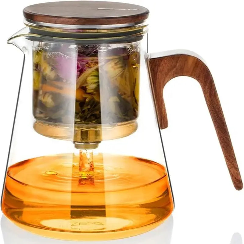 ZENS Magnetic Tea Pot, Enchanted Glass Teapot with Infuser and Magnetic Suction Lid for Mess-Free Loose Tea Diffusers, Walnut Wood Handle, Tea Lovers Gifts