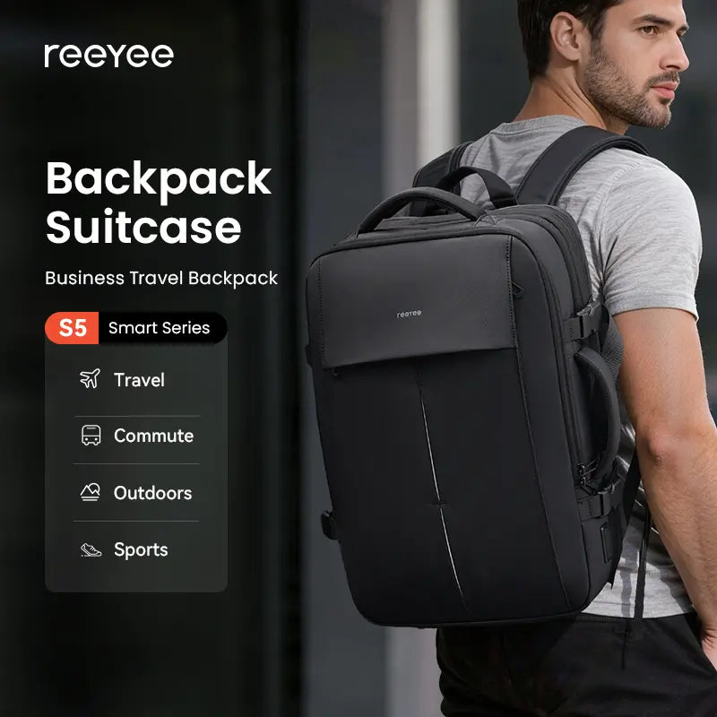 Reeyee Expandable Travel Backpack for Men, 43L Waterproof Laptop Bag with USB Port, Flight Approved