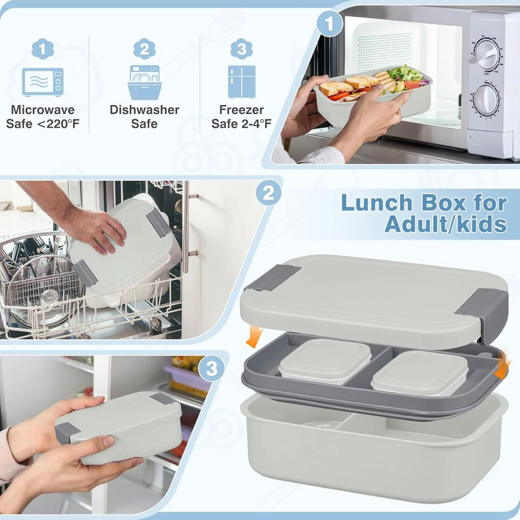 [Summerwins] Bento Lunch Box Set with 10.5Oz Soup Thermo Food Jar for Adults Kids, Stainless Steel Leak-Proof Lunch Container with 4 Compartment, Coffee Tumbler with Lunch Bag for School Travel Office-Grey