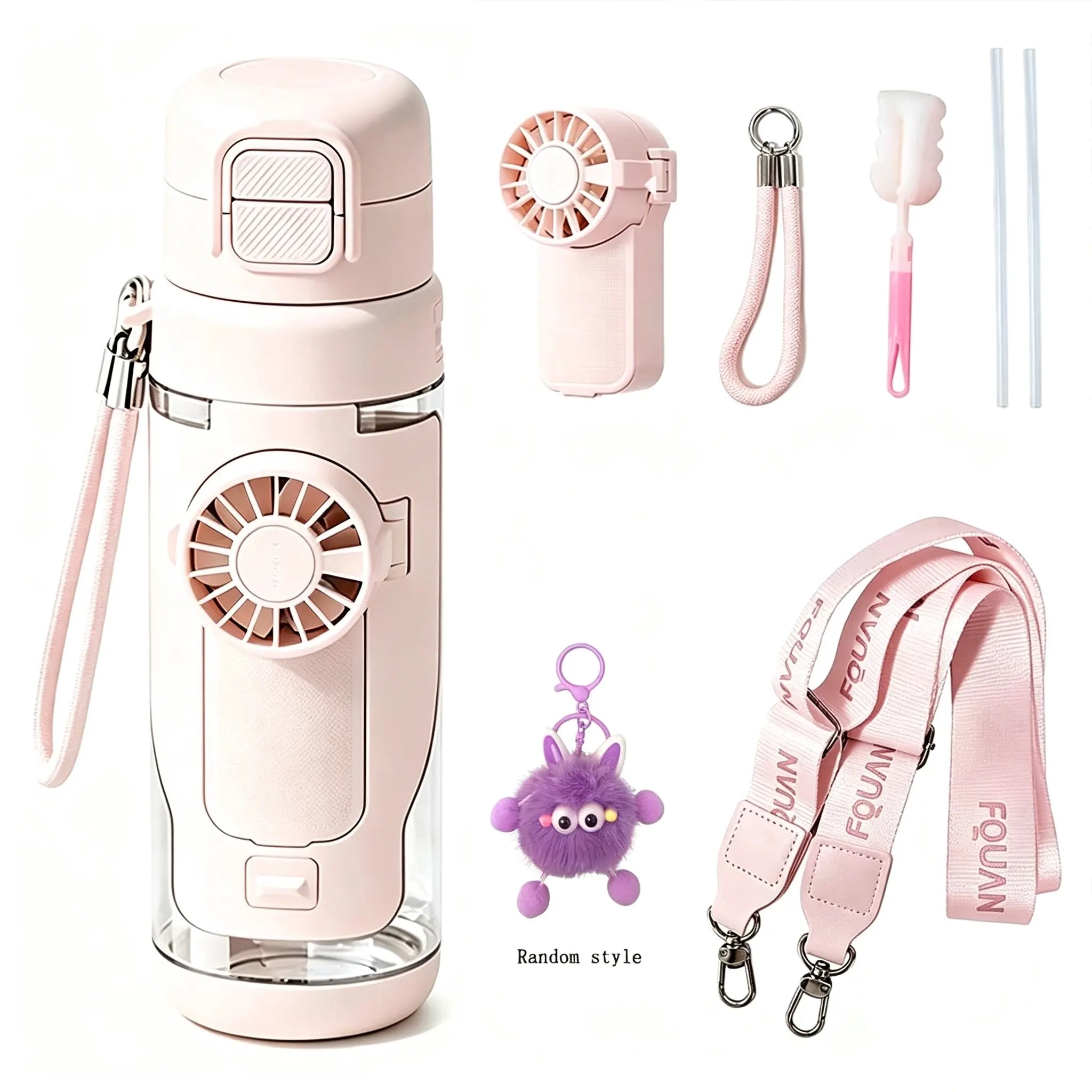 2-In-1 Water Bottle with Built-In Foldable Fan, Portable Dual-Drinking Cooling Water Bottle with Fan 3 Speeds USB, 3 Speeds Adjustable for Outdoors Sports