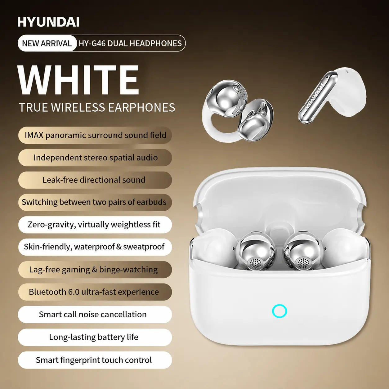HYUNDAI G46 Dual Earbuds 2-In-1 Wireless Headphones, One Charging Case with In-Ear & Clip-On Earbuds, Perfect for Couples, Long Battery Life, Bluetooth 6.0, Comfortable Fit, HD Stereo Sound for Music & Calls, Compatible with Android & Ios