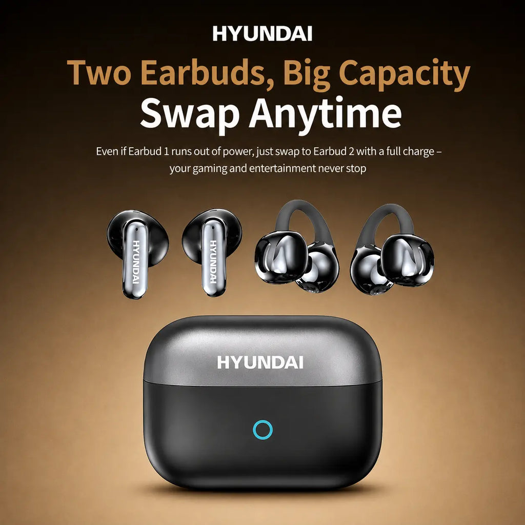 HYUNDAI G46 Dual Earbuds 2-In-1 Wireless Headphones, One Charging Case with In-Ear & Clip-On Earbuds, Perfect for Couples, Long Battery Life, Bluetooth 6.0, Comfortable Fit, HD Stereo Sound for Music & Calls, Compatible with Android & Ios
