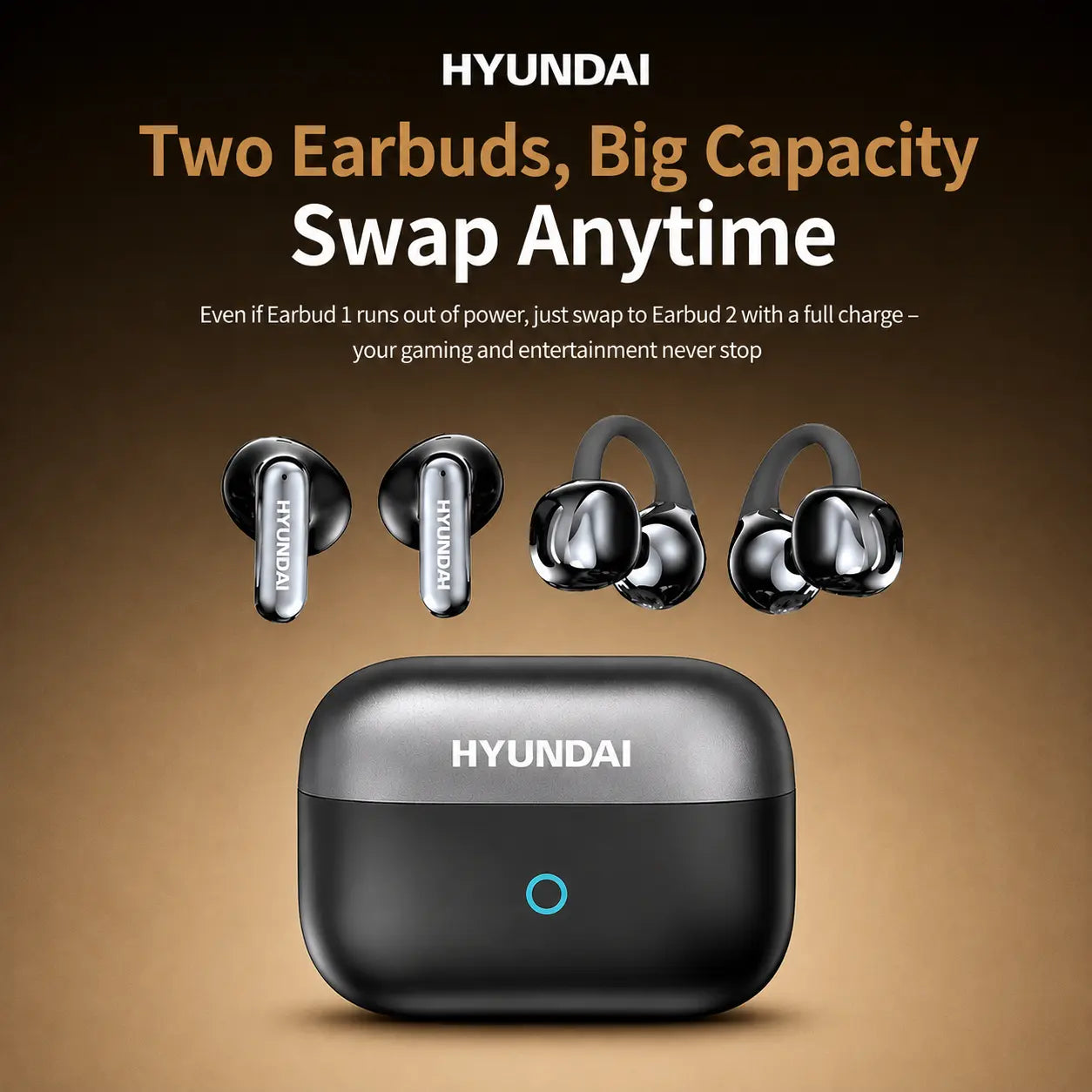 HYUNDAI G46 Dual Earbuds 2-In-1 Wireless Headphones, One Charging Case with In-Ear & Clip-On Earbuds, Perfect for Couples, Long Battery Life, Bluetooth 6.0, Comfortable Fit, HD Stereo Sound for Music & Calls, Compatible with Android & Ios