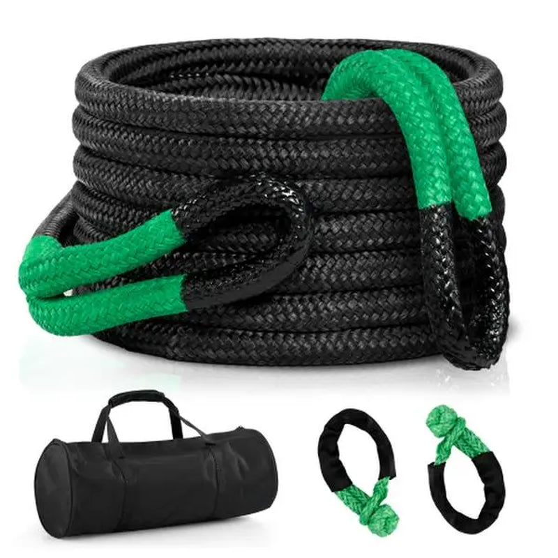 Kinetic Recovery Tow Rope, 54200Lbs (1.25In X 30Ft Black & Green with Soft Shackle) Heavy Duty 35% Elasticity Energy Offroad Snatch Strap, Nylon & Polyester Vehicle Recovery Kit for Jeep Truck ATV UTV SUV