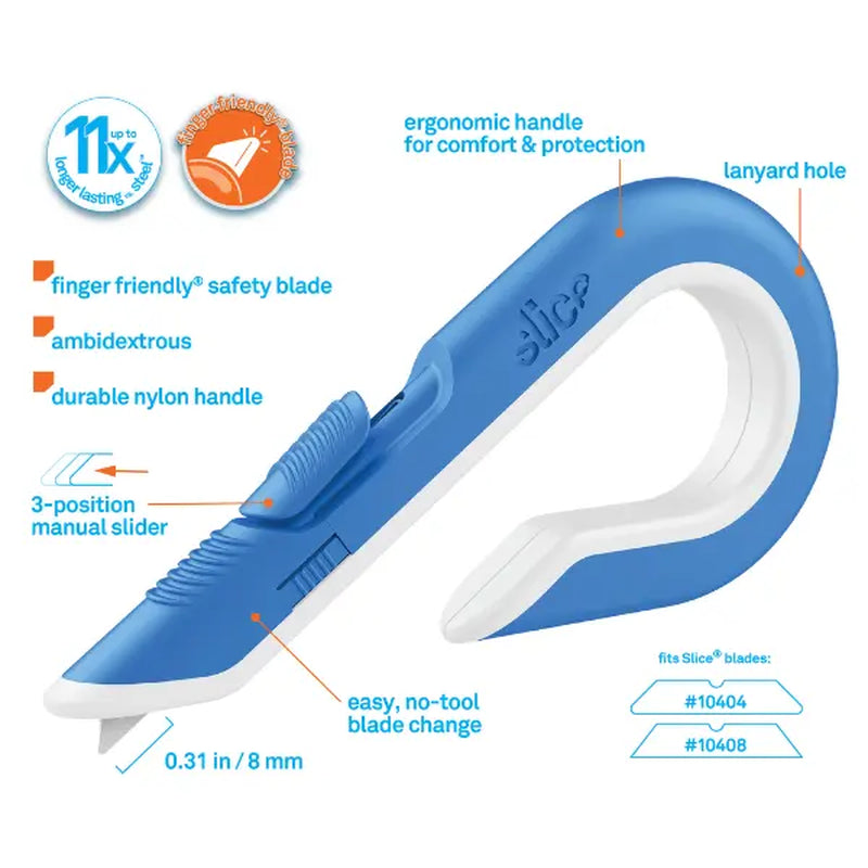 Slice Box Cutter - Sky Blue with Hook-Shaped Handle & Retractable Finger-Friendly Ceramic Blade for Safer Package Opening