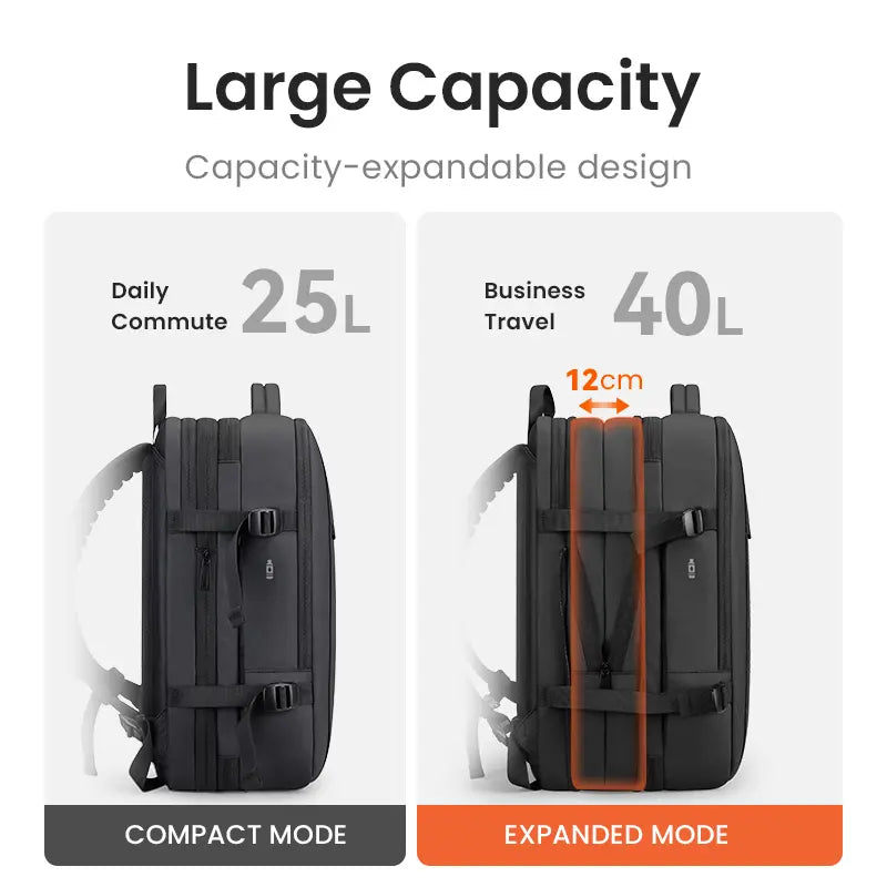 Reeyee Expandable Travel Backpack for Men, 43L Waterproof Laptop Bag with USB Port, Flight Approved