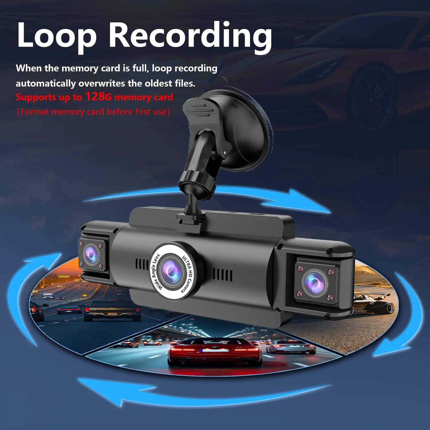 Whatook 4 Channel 360° 4K Ultra HD Dash Cam with 3.5" Display Wifi APP Control G-Sensor Voice Control Night Vision 24H Parking Mode 64GB SD Card Included