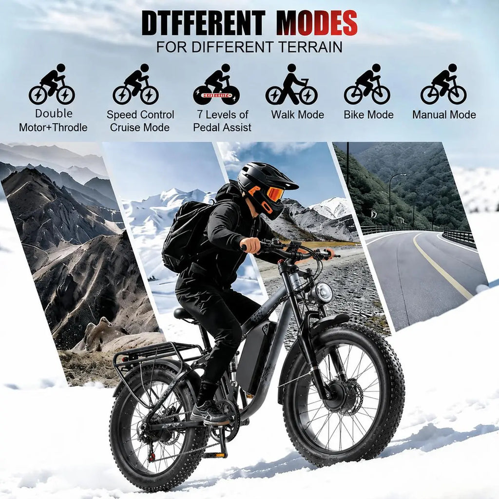 Orzel K17 Electric Bike for Adults with 2000W Peak Dual Motor, 48V 25Ah (1000Wh) Battery Electric Bike,Maximum Load（150Kg） 26'' X 4'' Fat Tire Ebike, 30+MPH Speed, Cruise Control, with Fenders, Rear Rack