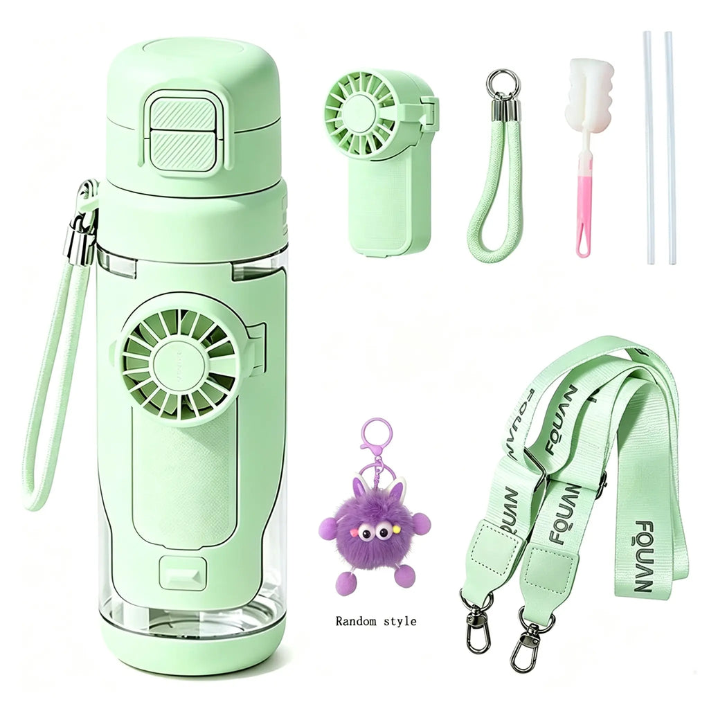2-In-1 Water Bottle with Built-In Foldable Fan, Portable Dual-Drinking Cooling Water Bottle with Fan 3 Speeds USB, 3 Speeds Adjustable for Outdoors Sports