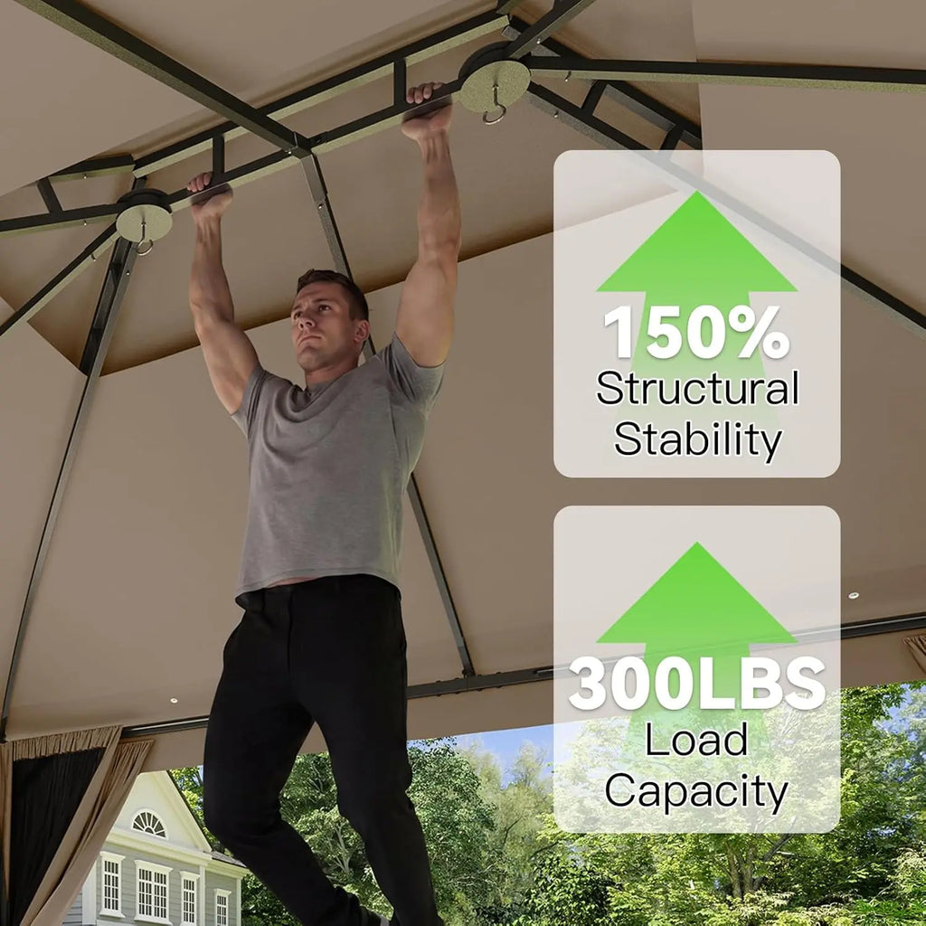 10X12 FT Aoxun Outdoor Gazebo, Heavy Duty Metal Frame Double Roof Canopy Tent with Mosquito Netting , Patio Backyard Lawn Garden Deck Party Shelter, Khaki,Summerwins,Outdoorfurnitureset
