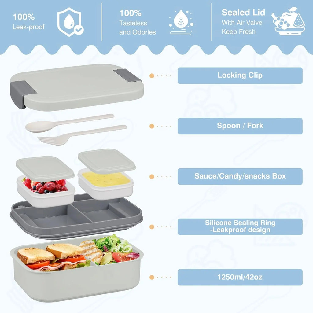 [Summerwins] Bento Lunch Box Set with 10.5Oz Soup Thermo Food Jar for Adults Kids, Stainless Steel Leak-Proof Lunch Container with 4 Compartment, Coffee Tumbler with Lunch Bag for School Travel Office-Grey