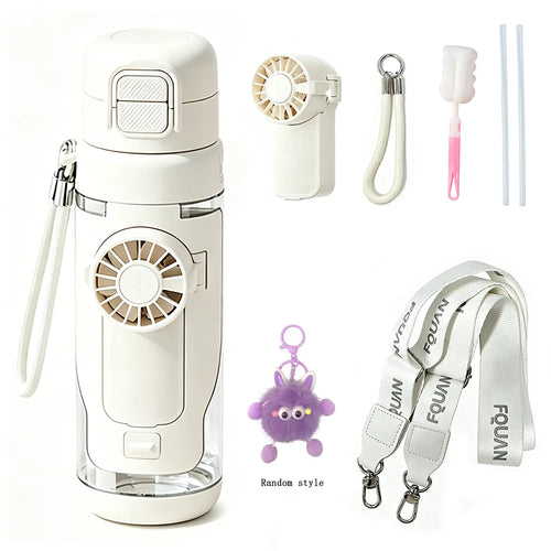 2-In-1 Water Bottle with Built-In Foldable Fan, Portable Dual-Drinking Cooling Water Bottle with Fan 3 Speeds USB, 3 Speeds Adjustable for Outdoors Sports