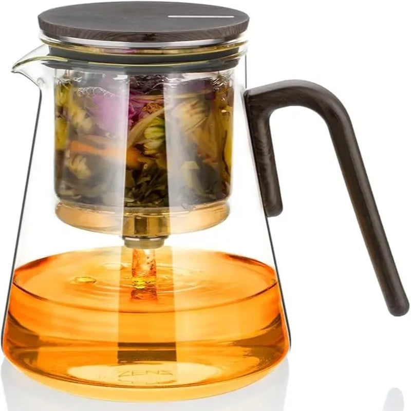 ZENS Magnetic Tea Pot, Enchanted Glass Teapot with Infuser and Magnetic Suction Lid for Mess-Free Loose Tea Diffusers, Walnut Wood Handle, Tea Lovers Gifts