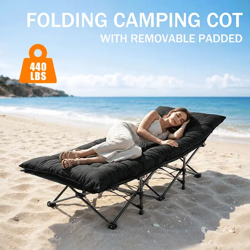 DUMOS Heavy-Duty Metal Camping Cot for Adults, Extra Wide & Long Folding Portable Bed with Removable Padded Mattress and Carry Bag for Travel & Home