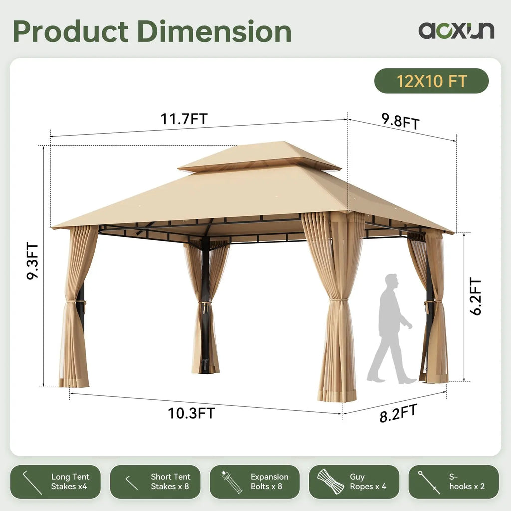 10X12 FT Aoxun Outdoor Gazebo, Heavy Duty Metal Frame Double Roof Canopy Tent with Mosquito Netting , Patio Backyard Lawn Garden Deck Party Shelter, Khaki,Summerwins,Outdoorfurnitureset