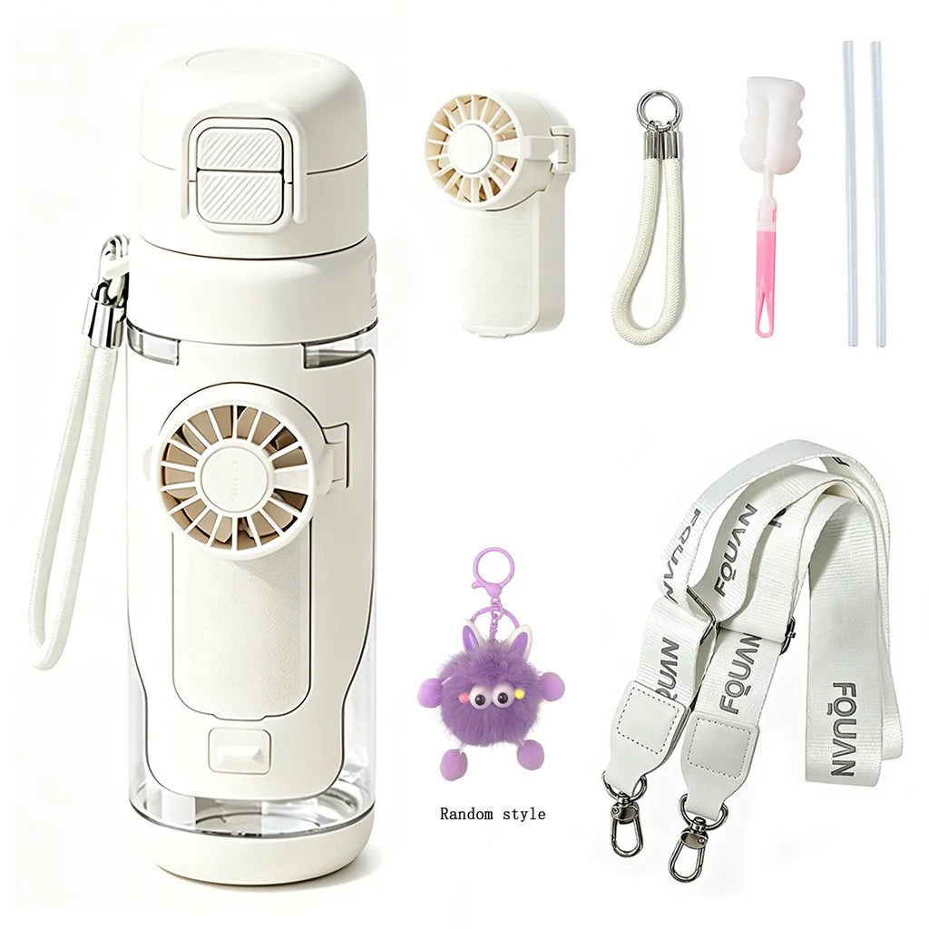 2-In-1 Water Bottle with Built-In Foldable Fan, Portable Dual-Drinking Cooling Water Bottle with Fan 3 Speeds USB, 3 Speeds Adjustable for Outdoors Sports
