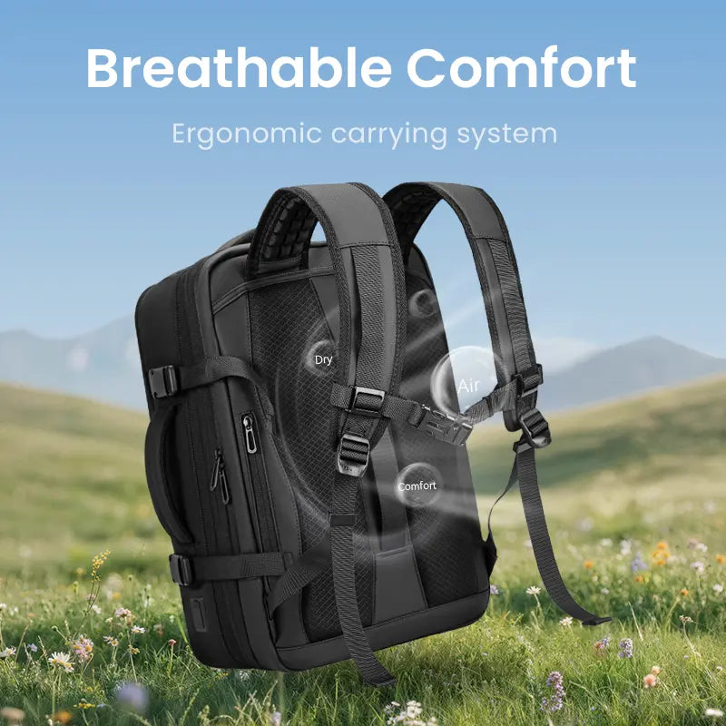 Reeyee Expandable Travel Backpack for Men, 43L Waterproof Laptop Bag with USB Port, Flight Approved