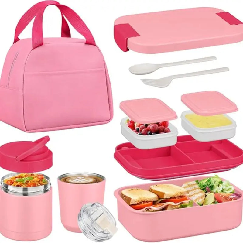 [Summerwins] Bento Lunch Box Set with 10.5Oz Soup Thermo Food Jar for Adults Kids, Stainless Steel Leak-Proof Lunch Container with 4 Compartment, Coffee Tumbler with Lunch Bag for School Travel Office-Grey