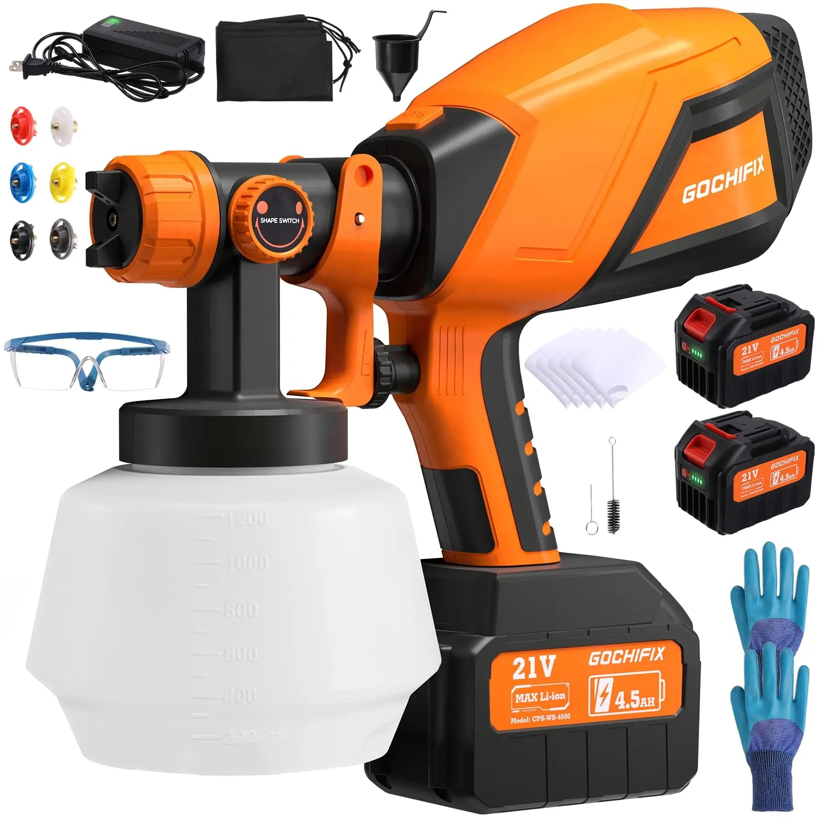 Cordless HVLP Electric Spray Gun, 3 Optional Types: 2*4.5Ah Battery, Dewalt 20V Compatible No Battery, Milwaukee 18V Compatible No Battery, 6 Nozzles, Adjustable Flow & Width Control, 1200Ml Container, Easy to Clean for House Furniture DIY Painting