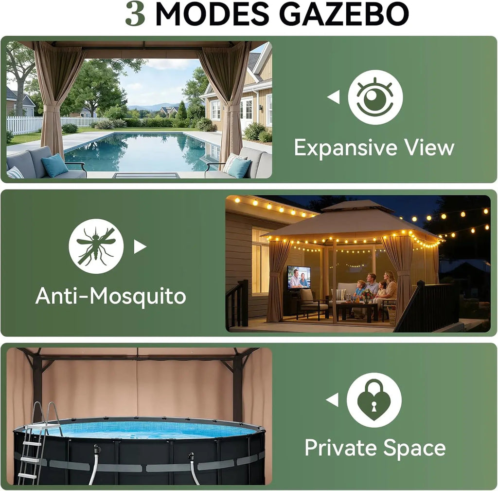10X12 FT Aoxun Outdoor Gazebo, Heavy Duty Metal Frame Double Roof Canopy Tent with Mosquito Netting , Patio Backyard Lawn Garden Deck Party Shelter, Khaki,Summerwins,Outdoorfurnitureset