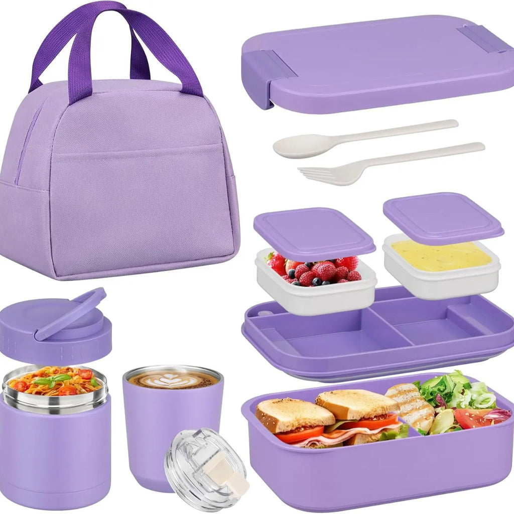 [Summerwins] Bento Lunch Box Set with 10.5Oz Soup Thermo Food Jar for Adults Kids, Stainless Steel Leak-Proof Lunch Container with 4 Compartment, Coffee Tumbler with Lunch Bag for School Travel Office-Grey