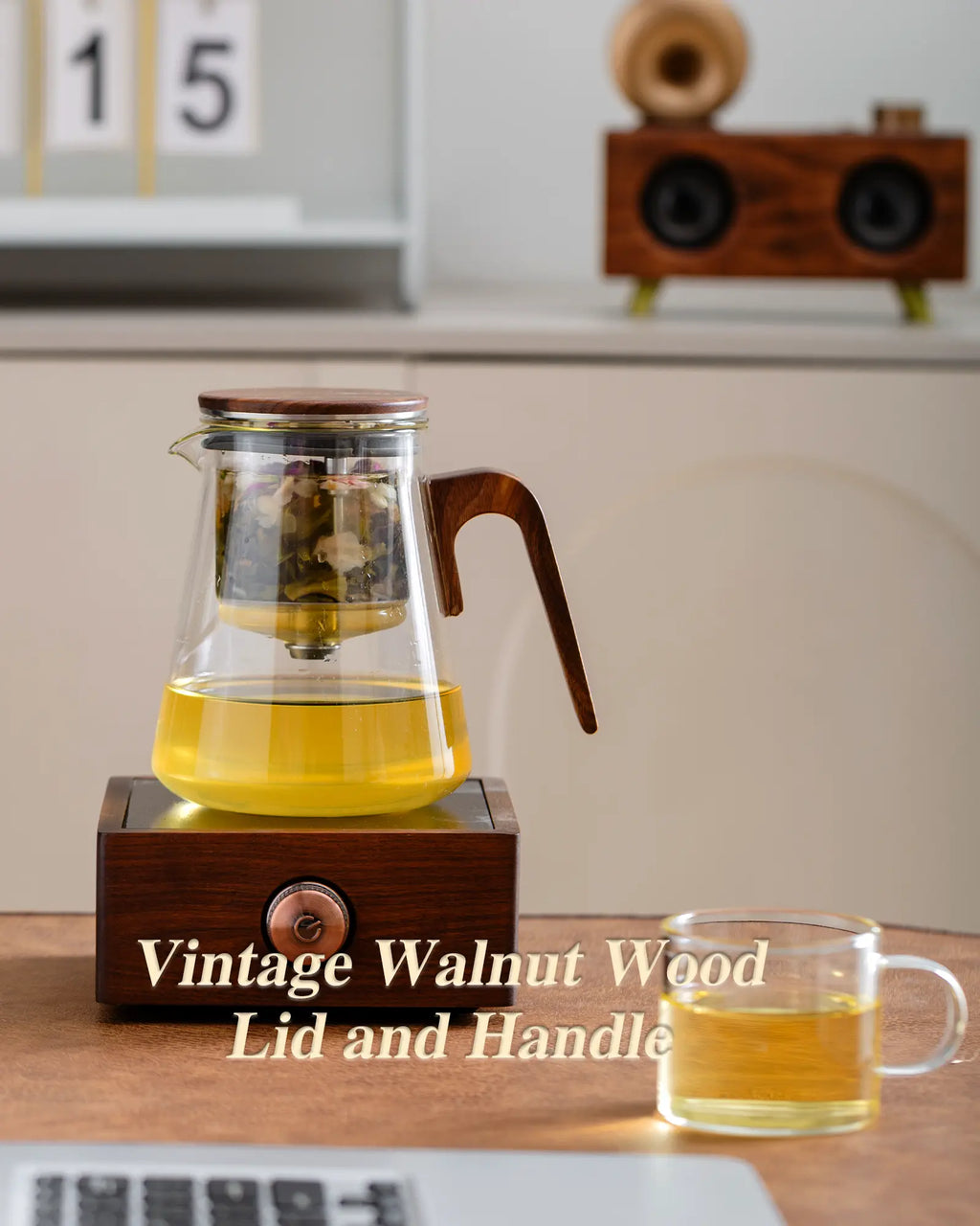 ZENS Magnetic Tea Pot, Enchanted Glass Teapot with Infuser and Magnetic Suction Lid for Mess-Free Loose Tea Diffusers, Walnut Wood Handle, Tea Lovers Gifts