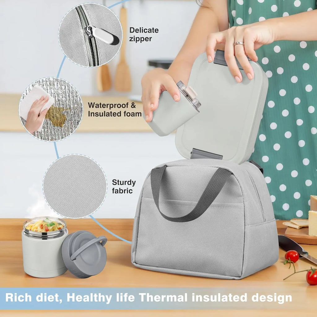 [Summerwins] Bento Lunch Box Set with 10.5Oz Soup Thermo Food Jar for Adults Kids, Stainless Steel Leak-Proof Lunch Container with 4 Compartment, Coffee Tumbler with Lunch Bag for School Travel Office-Grey
