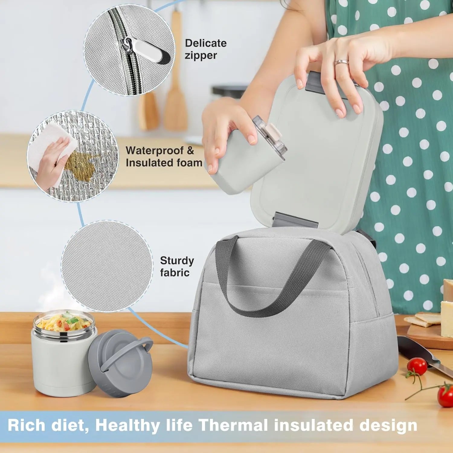 [Summerwins] Bento Lunch Box Set with 10.5Oz Soup Thermo Food Jar for Adults Kids, Stainless Steel Leak-Proof Lunch Container with 4 Compartment, Coffee Tumbler with Lunch Bag for School Travel Office-Grey