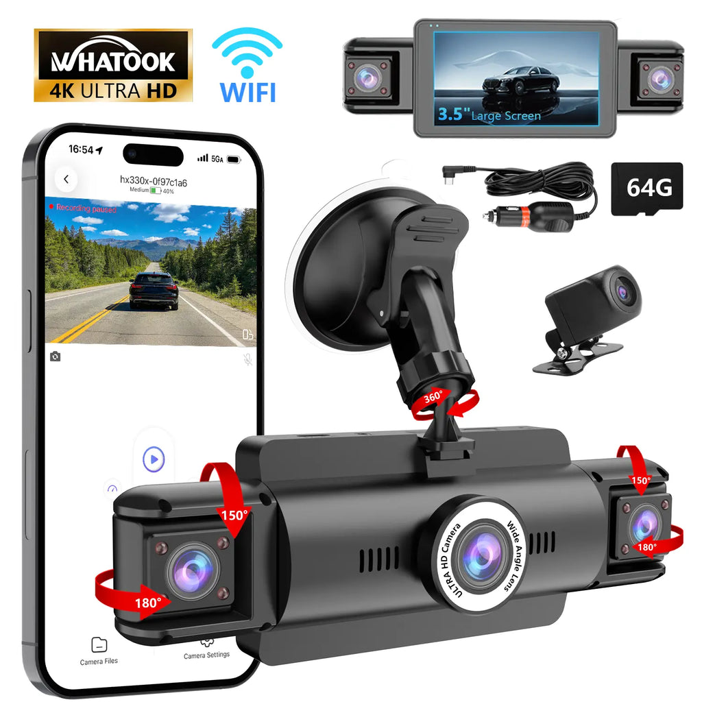 Whatook 4 Channel 360° 4K Ultra HD Dash Cam with 3.5" Display Wifi APP Control G-Sensor Voice Control Night Vision 24H Parking Mode 64GB SD Card Included