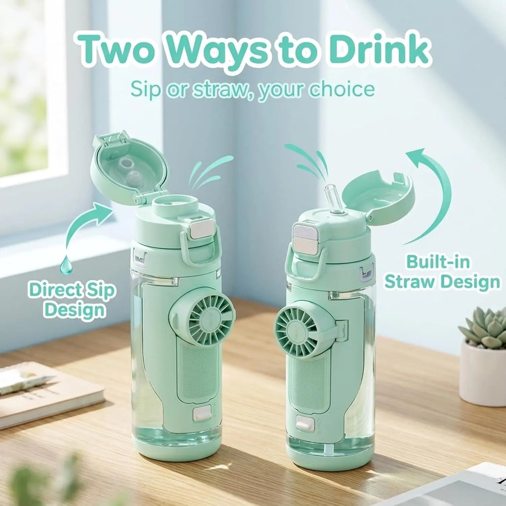 2-In-1 Water Bottle with Built-In Foldable Fan, Portable Dual-Drinking Cooling Water Bottle with Fan 3 Speeds USB, 3 Speeds Adjustable for Outdoors Sports