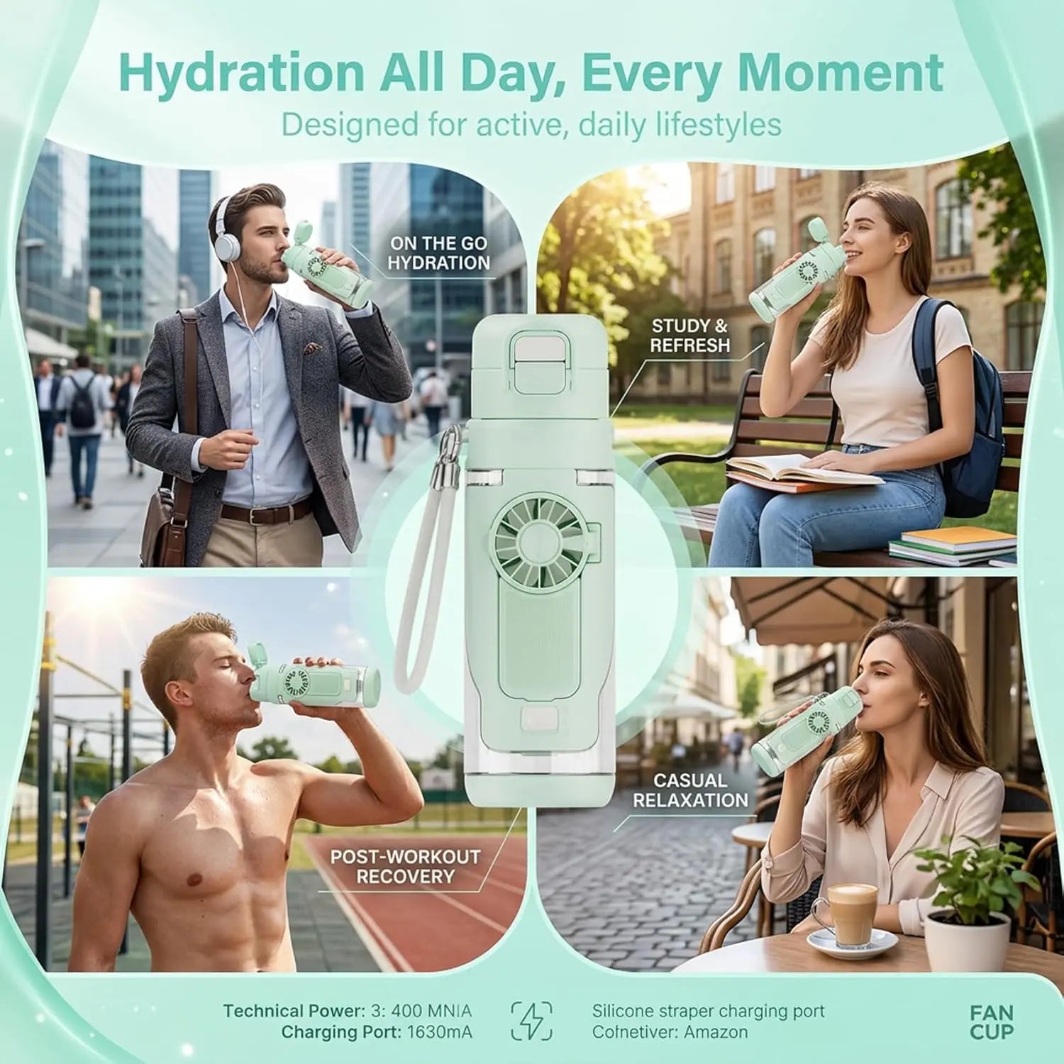 2-In-1 Water Bottle with Built-In Foldable Fan, Portable Dual-Drinking Cooling Water Bottle with Fan 3 Speeds USB, 3 Speeds Adjustable for Outdoors Sports