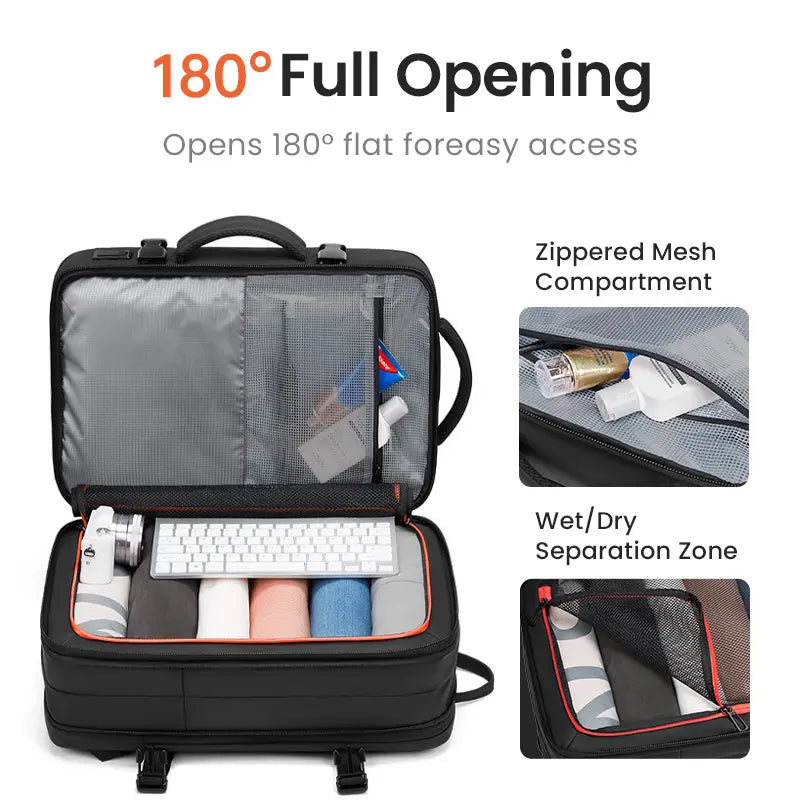 Reeyee Expandable Travel Backpack for Men, 43L Waterproof Laptop Bag with USB Port, Flight Approved